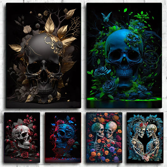 Abstract Floral Skeletons Skulls Lover Poster And Prints Canvas Painting Vintage Flowers Wall Art For Living Room Home Decor